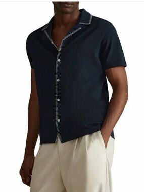 Reiss Navy Short Sleeve Button-Down Shirt with White Stitching